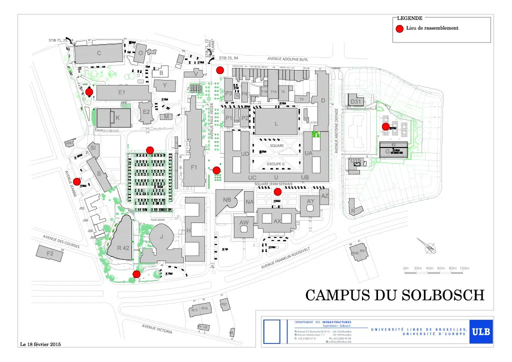 A map of the ULB Solbosch campus showing evacuation points